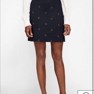 Rose-Embroidered Hopsack A-Line Skirt